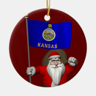 Santa Claus With Ensign Of Kansas Ceramic Tree Decoration