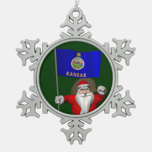 Santa Claus With Ensign Of Kansas Snowflake Pewter Christmas Ornament