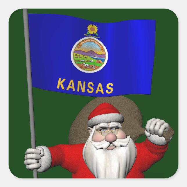 Santa Claus With Ensign Of Kansas Square Sticker (Front)