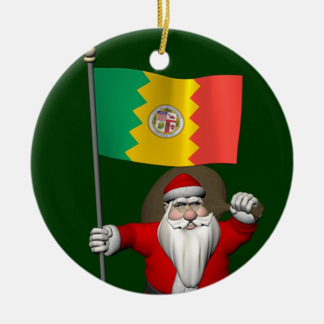 Santa Claus With Ensign Of Los Angeles Ceramic Tree Decoration (Front)