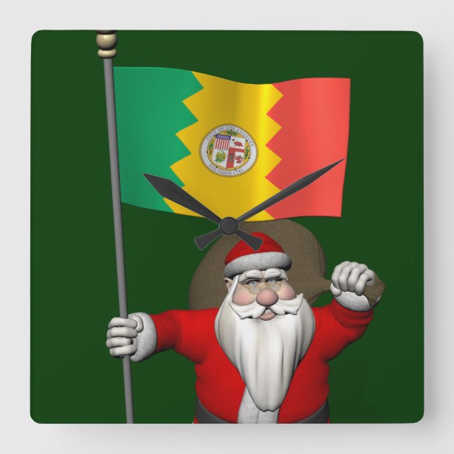 Santa Claus With Ensign Of Los Angeles Square Wall Clock (Front)