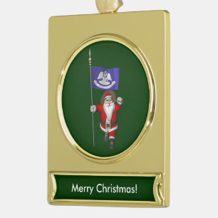 Santa Claus With Ensign Of Louisiana Gold Plated Banner Ornament