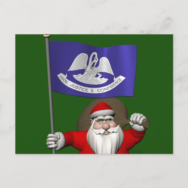 Santa Claus With Ensign Of  Louisiana Holiday Postcard (Front)