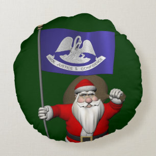 Santa Claus With Ensign Of Louisiana Round Cushion