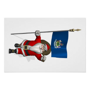 Santa Claus With Ensign Of Maine Poster