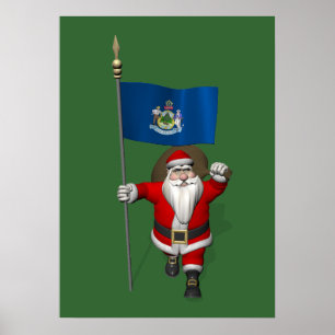 Santa Claus With Ensign Of Maine Poster