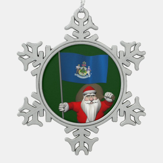 Santa Claus With Ensign Of Maine Snowflake Pewter Christmas Ornament (Front)