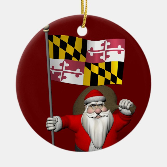 Santa Claus With Ensign Of Maryland Ceramic Tree Decoration (Front)