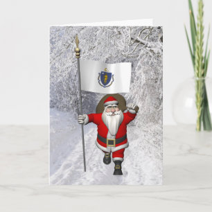 Santa Claus With Ensign Of Massachusetts Holiday Card