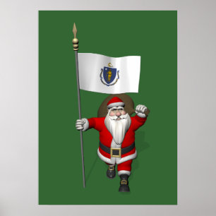 Santa Claus With Ensign Of Massachusetts Poster