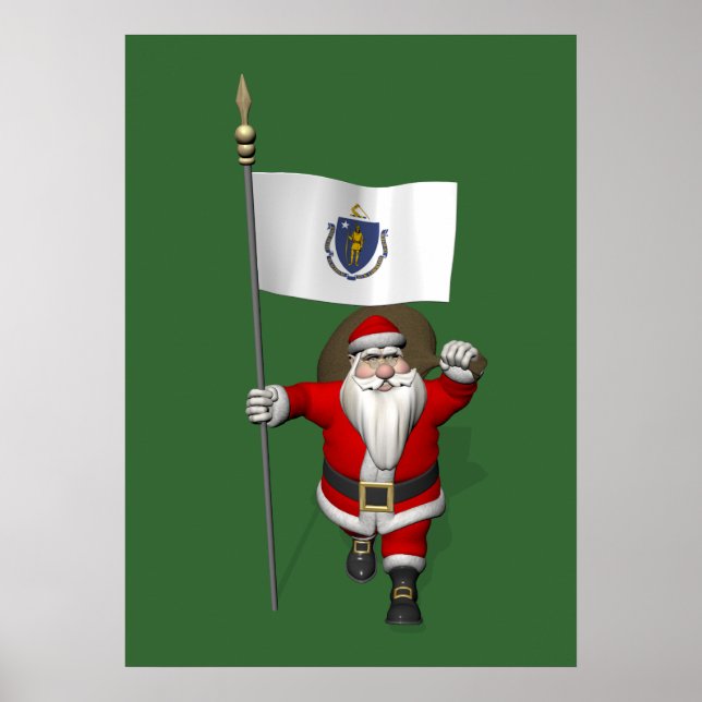 Santa Claus With Ensign Of Massachusetts Poster (Front)