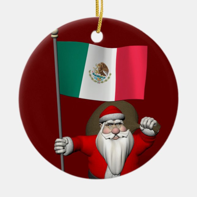 Santa Claus With Ensign Of Mexico Ceramic Tree Decoration (Front)