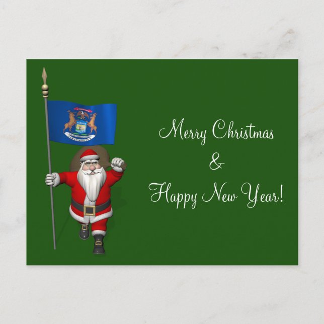 Santa Claus With Ensign Of Michigan Holiday Postcard (Front)