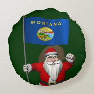 Santa Claus With Ensign Of Montana Round Cushion