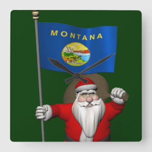 Santa Claus With Ensign Of Montana Square Wall Clock