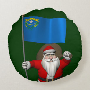 Santa Claus With Ensign Of Nevada Round Cushion