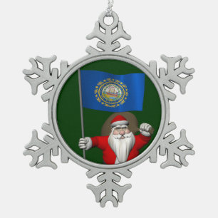 Santa Claus With Ensign Of New Hampshire Snowflake Pewter Christmas Ornament