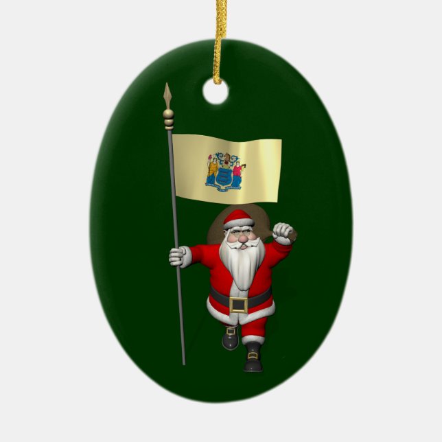 Santa Claus With Ensign Of New Jersey Ceramic Tree Decoration (Front)