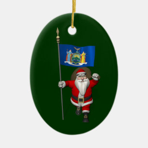 Santa Claus With Ensign Of New York US State Ceramic Tree Decoration