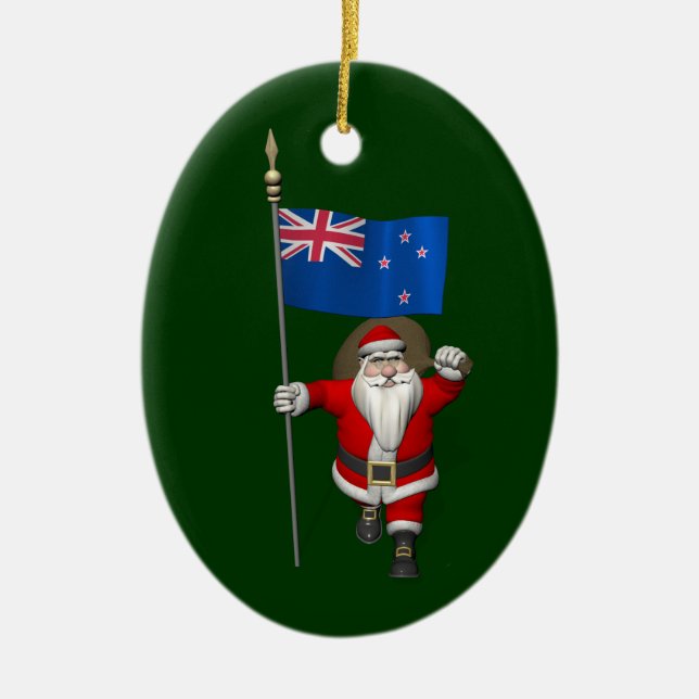 Santa Claus With Ensign Of New Zealand Ceramic Tree Decoration (Front)