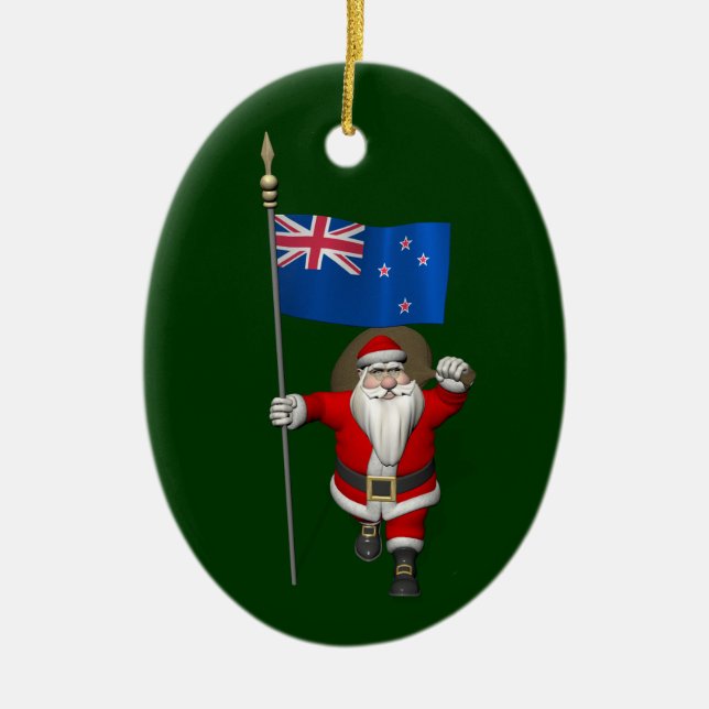 Santa Claus With Ensign Of New Zealand Ceramic Tree Decoration (Front)