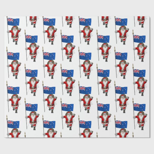 Santa Claus With Ensign Of New Zealand Wrapping Paper (Flat)