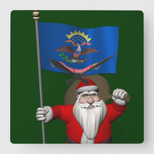 Santa Claus With Ensign Of North Dakota Square Wall Clock (Front)