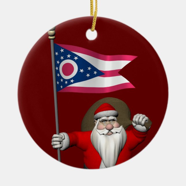 Santa Claus With Ensign Of Ohio Ceramic Tree Decoration (Front)
