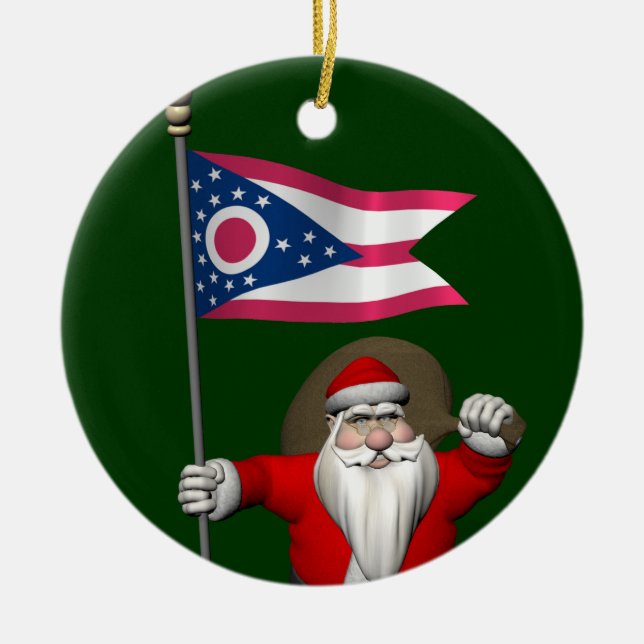 Santa Claus With Ensign Of Ohio Ceramic Tree Decoration (Front)