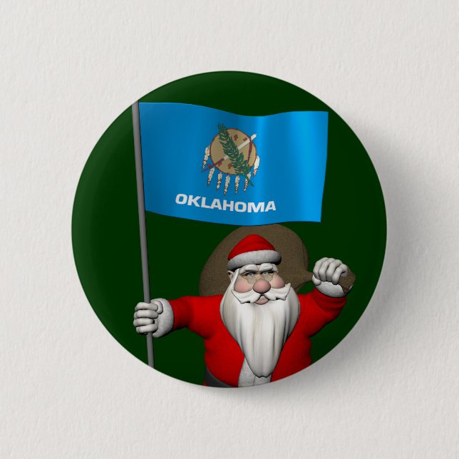 Santa Claus With Ensign Of Oklahoma 6 Cm Round Badge (Front)