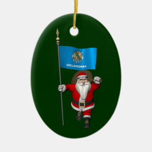 Santa Claus With Ensign Of Oklahoma Ceramic Tree Decoration