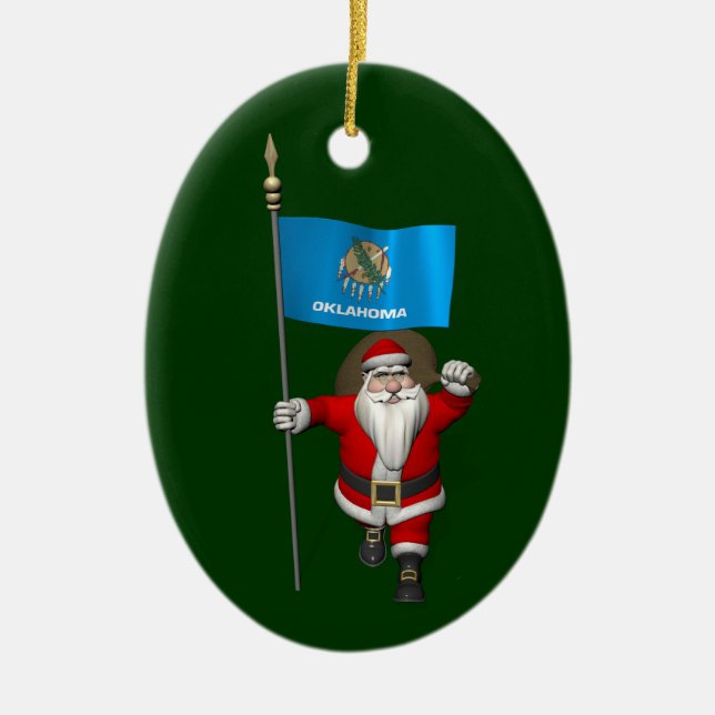 Santa Claus With Ensign Of Oklahoma Ceramic Tree Decoration (Front)