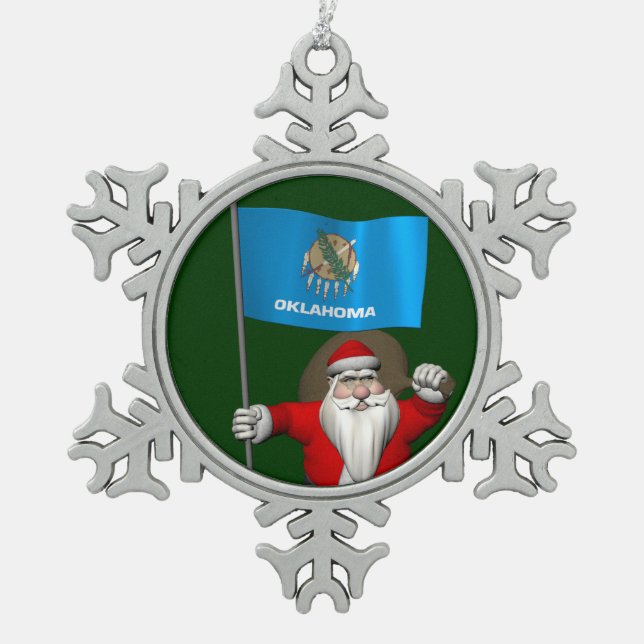 Santa Claus With Ensign Of Oklahoma Snowflake Pewter Christmas Ornament (Front)
