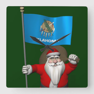 Santa Claus With Ensign Of Oklahoma Square Wall Clock