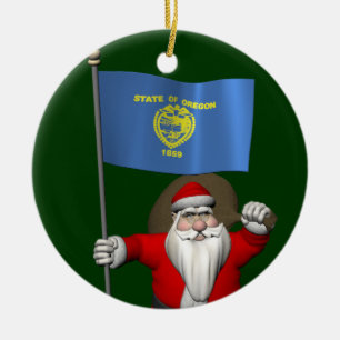 Santa Claus With Ensign Of Oregon Ceramic Tree Decoration