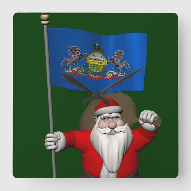 Santa Claus With Ensign Of  Pennsylvania Square Wall Clock (Front)