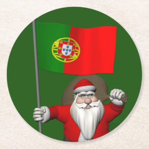 Santa Claus With Ensign Of Portugal Round Paper Coaster