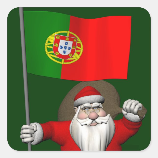 Santa Claus With Ensign Of Portugal Square Sticker (Front)