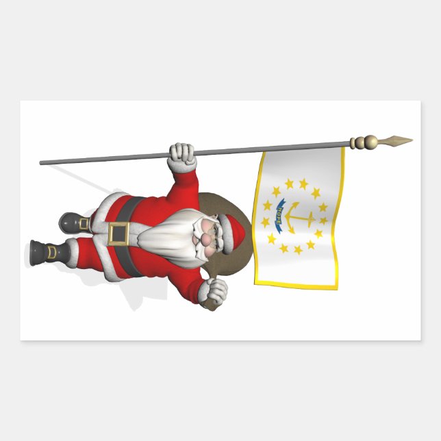 Santa Claus With Ensign Of Rhode Island Rectangular Sticker (Front)