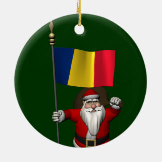 Santa Claus With Ensign Of Romania Ceramic Tree Decoration