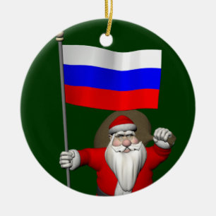 Santa Claus With Ensign Of Russia Ceramic Tree Decoration