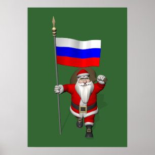 Santa Claus With Ensign Of Russia Poster