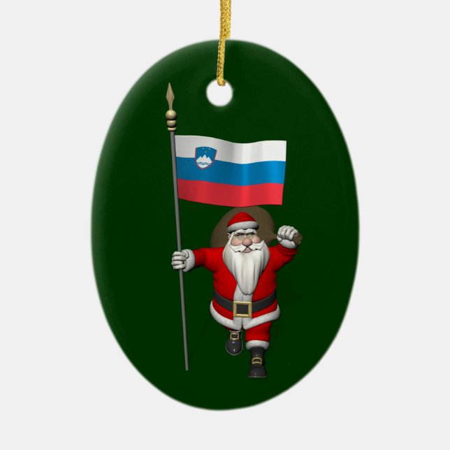 Santa Claus With Ensign Of Slovenia Ceramic Tree Decoration (Front)