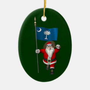 Santa Claus With Ensign Of South Carolina Ceramic Tree Decoration