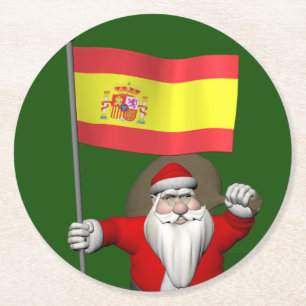 Santa Claus With Ensign Of Spain Round Paper Coaster