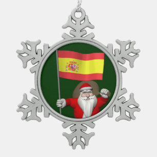 Santa Claus With Ensign Of Spain Snowflake Pewter Christmas Ornament