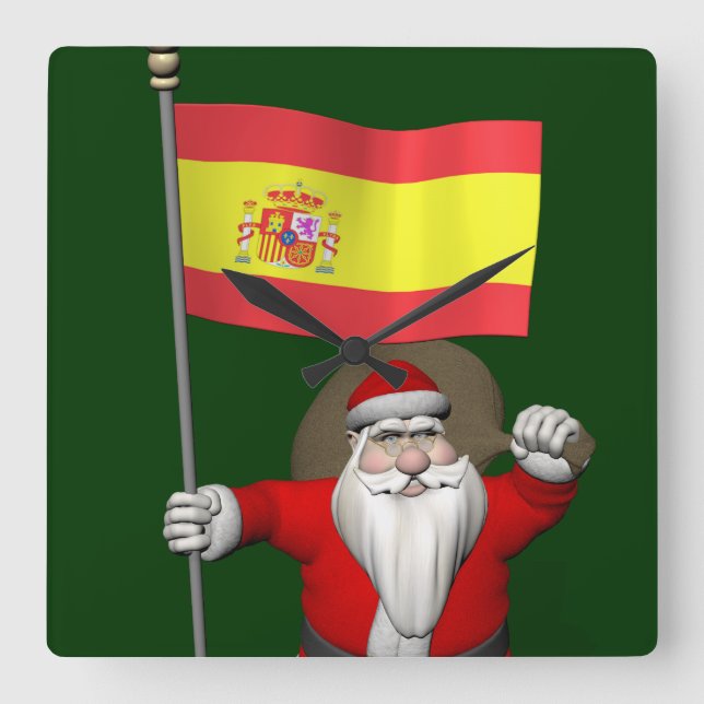 Santa Claus With Ensign Of Spain Square Wall Clock (Front)
