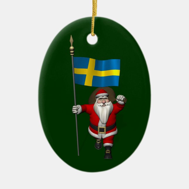 Santa Claus With Ensign Of Sweden Ceramic Tree Decoration (Front)