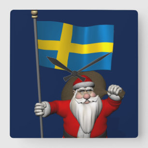 Santa Claus With Ensign Of Sweden Square Wall Clock