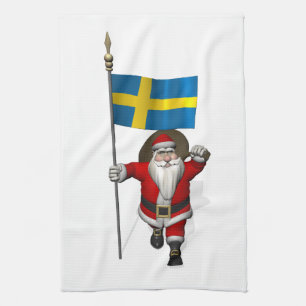 Santa Claus With Ensign Of Sweden Tea Towel